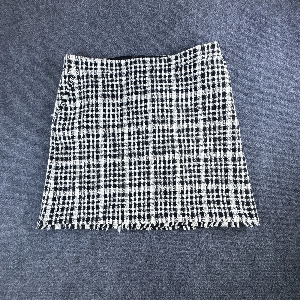 Ann Taylor Pencil Mini Skirt Womens 35x19 Black White Plaid Tweed Fringed Hem